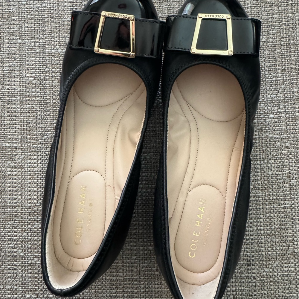 Cole Haan Black Wedge Ballet Flats with Gold Buckle - Picture 4 of 10
